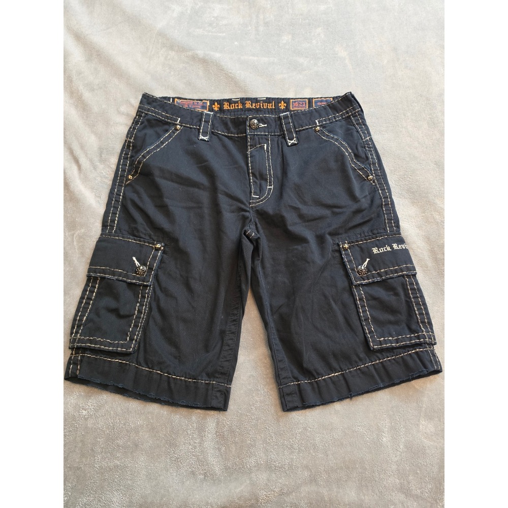 Rock Revival Mens Black Cargo Shorts Classic Fit Fleur De Lis Stitching Size 36